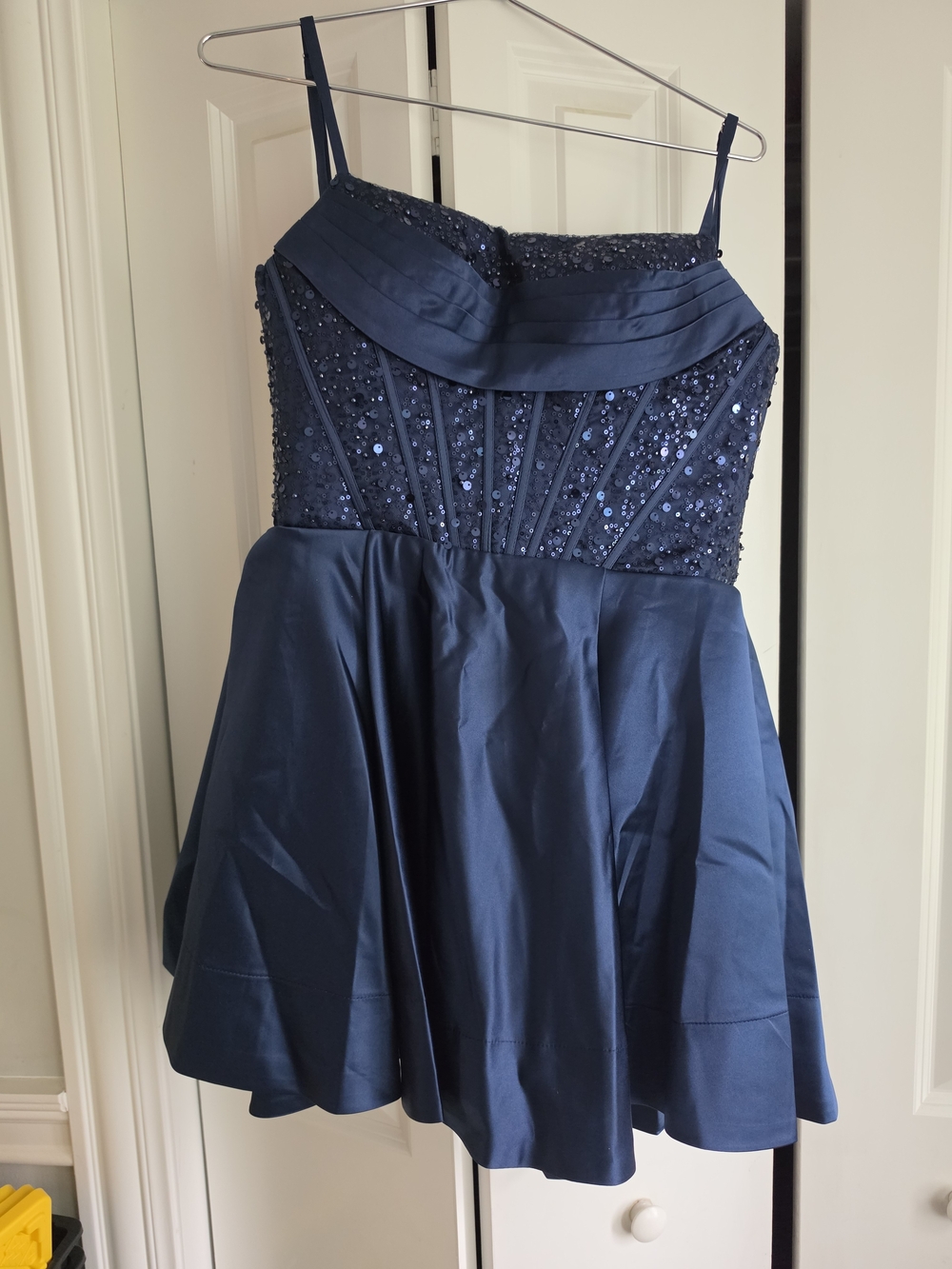 Navy Sequin Bodice A-Line Homecoming Dress